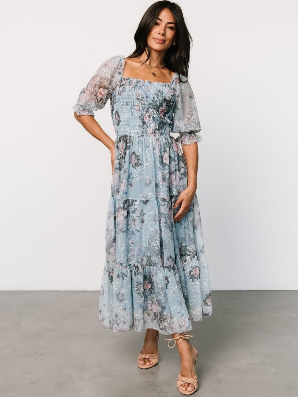 Baltic Born Fabian Jacquard Midi Dress Womens XL Blue Garden Floral Smocked NEW